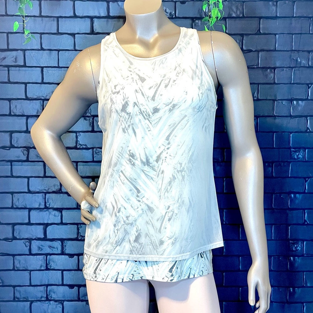 Athleta grey and white, printed, T-back tank with white mesh overlay